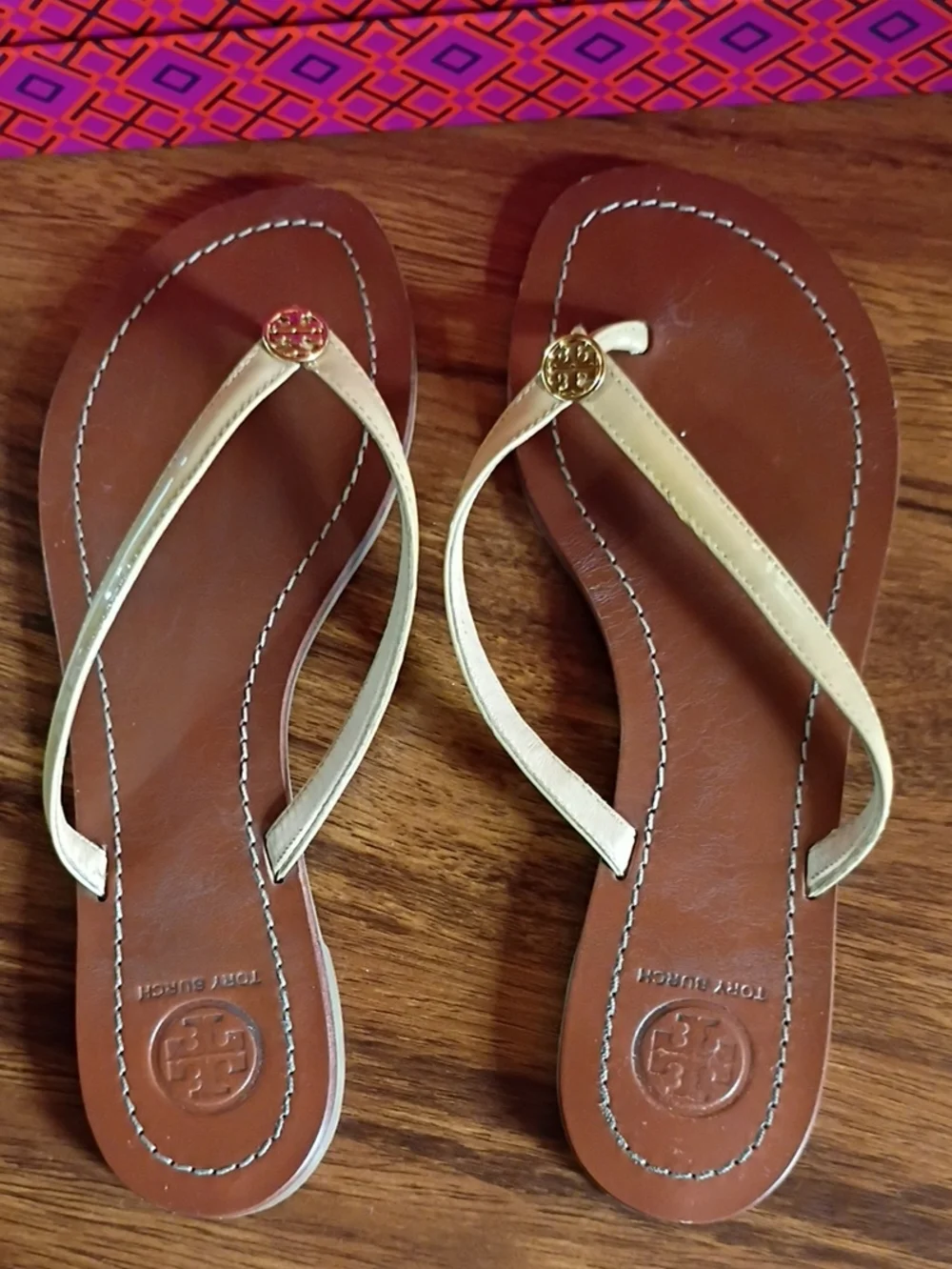 Tory Burch Beige and Brown Logo Thong Sandals